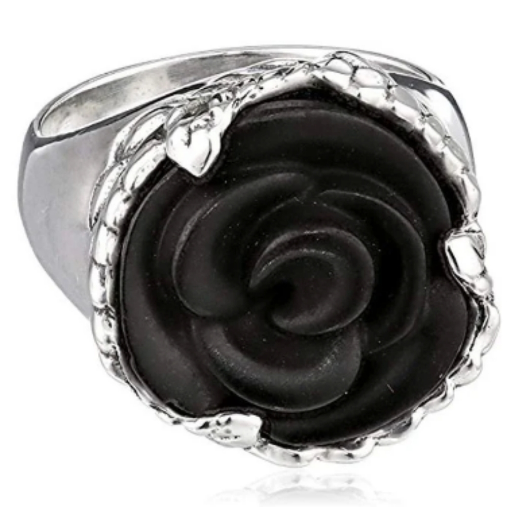 King Baby Sterling Silver Carved Jet Rose Ring Size 8.5